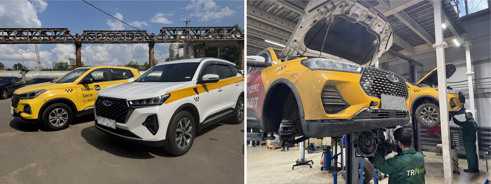 Chery из парка Яндекс Такси у цеха и снятие вариатора с жёлтого Tiggo на подъёмнике в ТРПЛАНТ