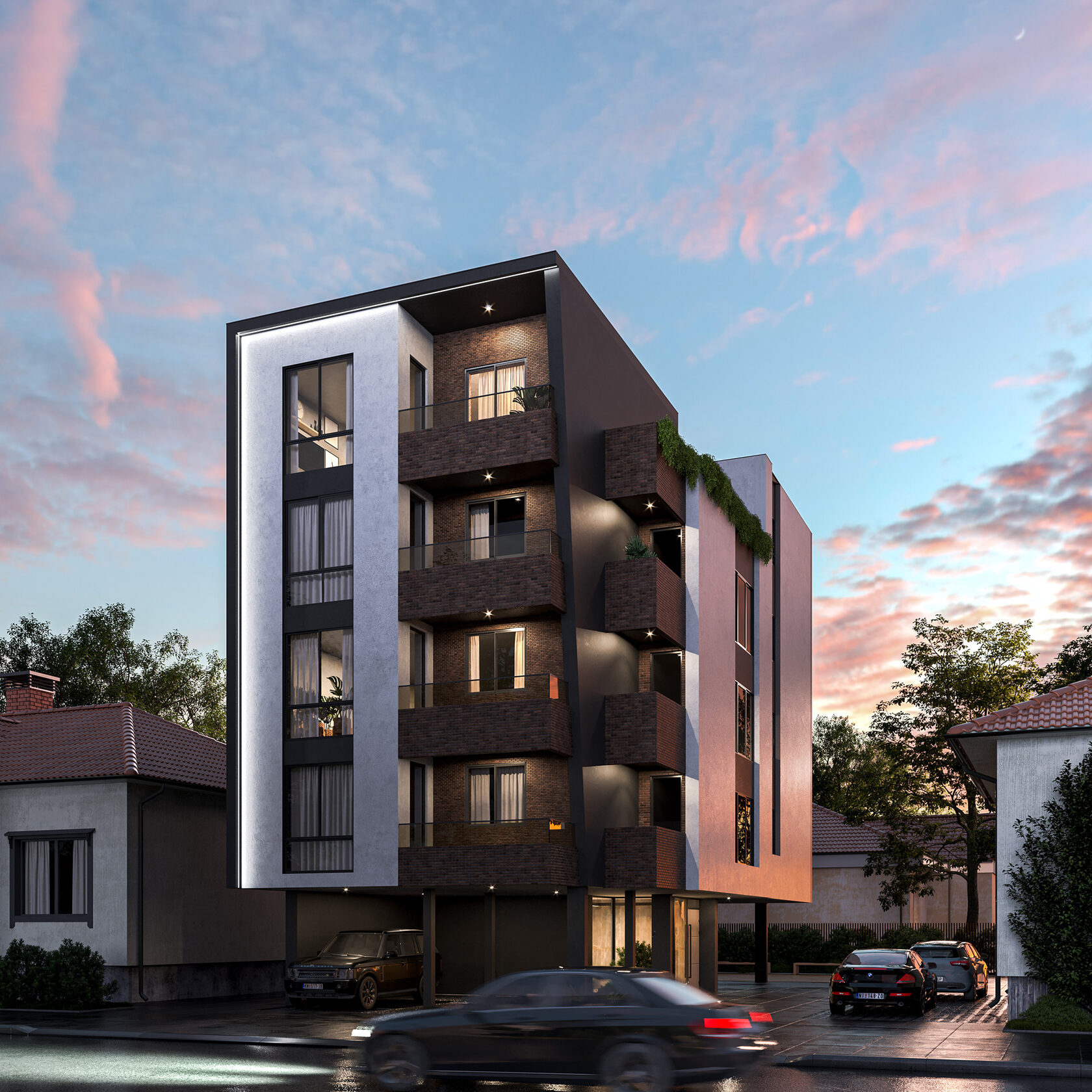 Визуализация здания на закате