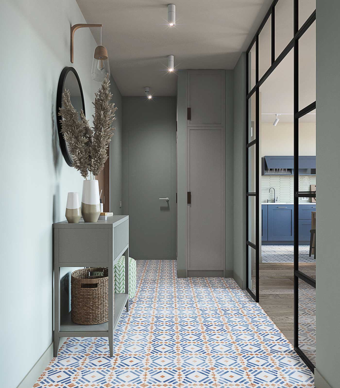 Зеркало, шкаф, светильники в прихожей. Вход в кухню-гостиную