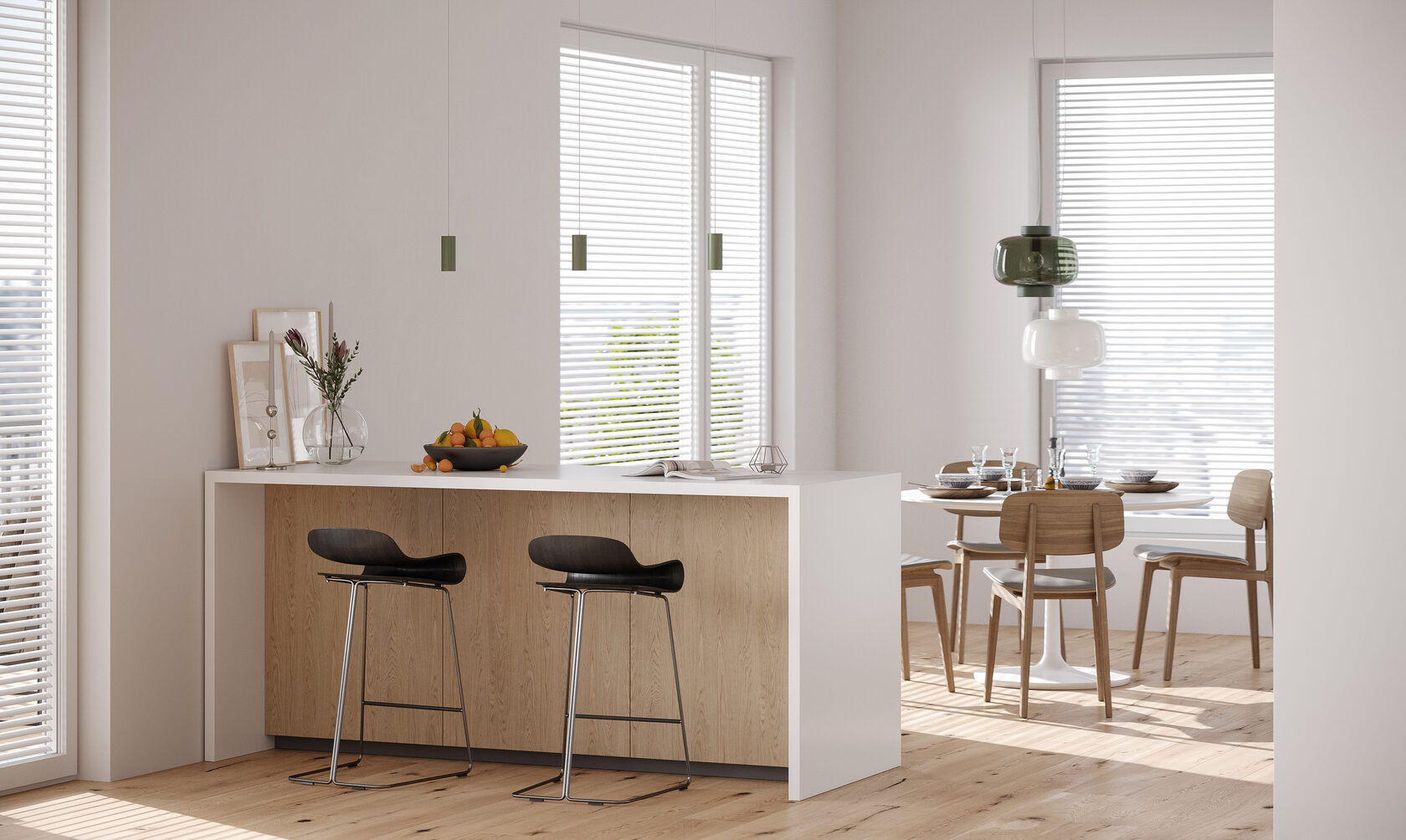 Кухонный остров, натуральные материалы, светлая квартира в Финляндии