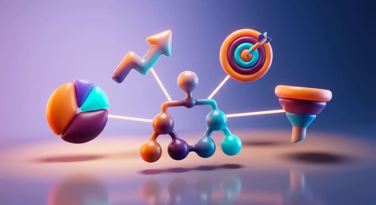 3D-сцена рабочего стола маркетолога: объёмные надутые иконки — круговая диаграмма, стрелка роста, мишень с дротиком, воронка