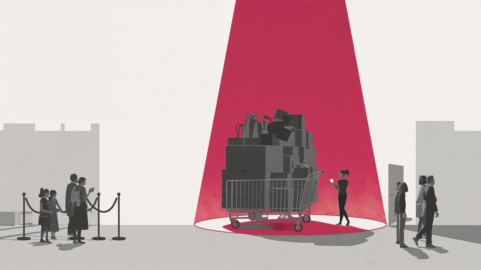 A shopper with a full trolley in a raspberry spotlight, while other customers wait behind a rope barrier