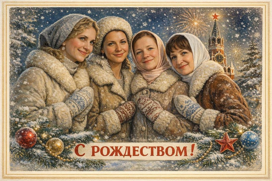 Новогодняя открытка с подругами, сделанная нейросетью