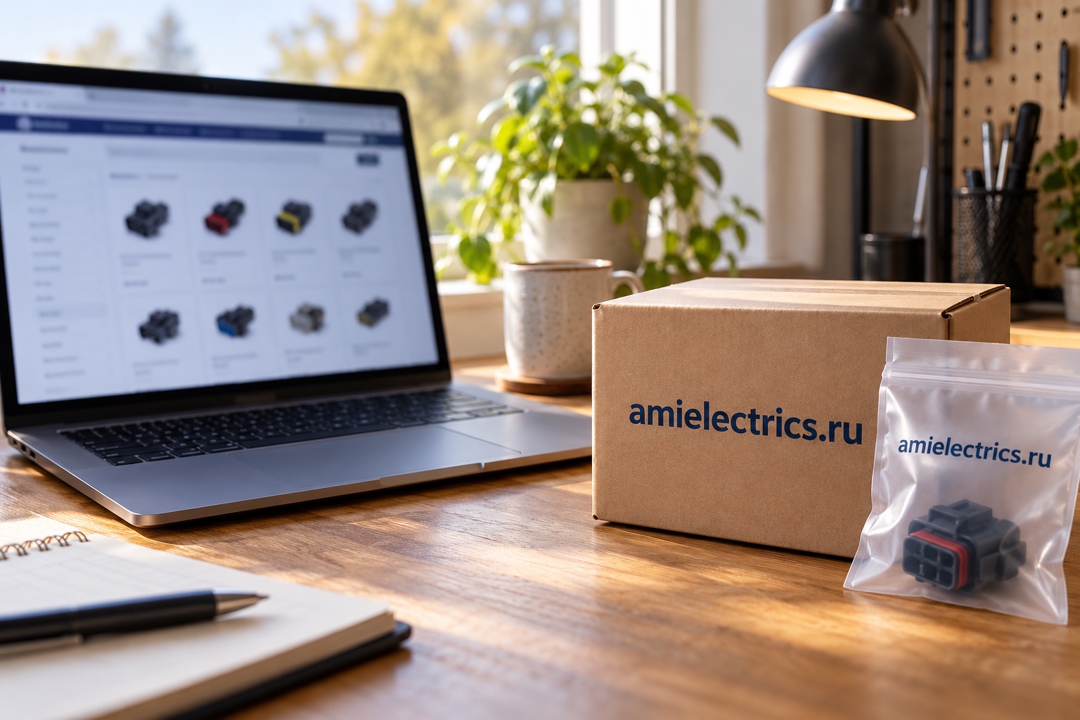Каталог на ноутбуке и упаковка amielectrics.ru; тематическая иллюстрация покупки