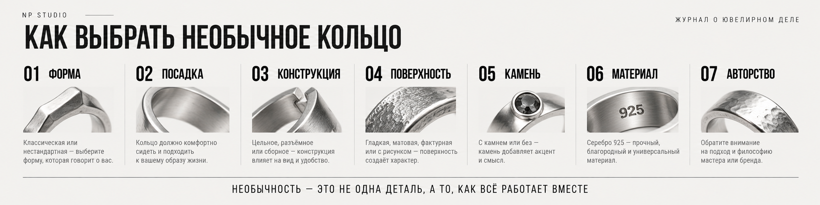 Как выбрать необычное серебряное кольцо: форма, посадка, конструкция, поверхность, камень, материал и авторство