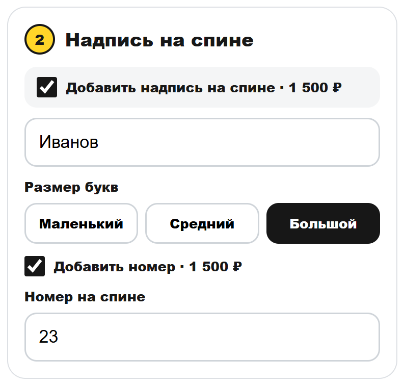 Настройки фамилии и номера для вышивки на спине худи