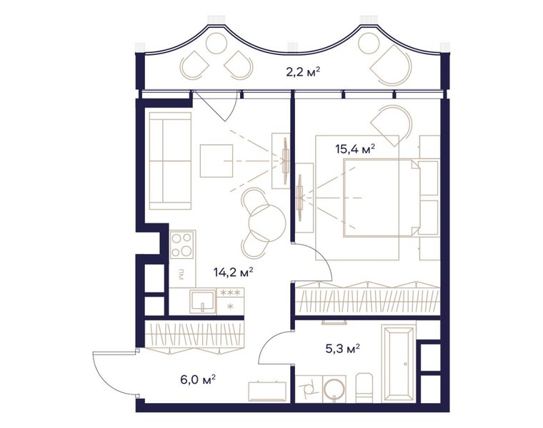 Планировка 1-комнатной квартиры 43,1 м² в ЖК «СОЮЗ»: дом 4, 19-й этаж