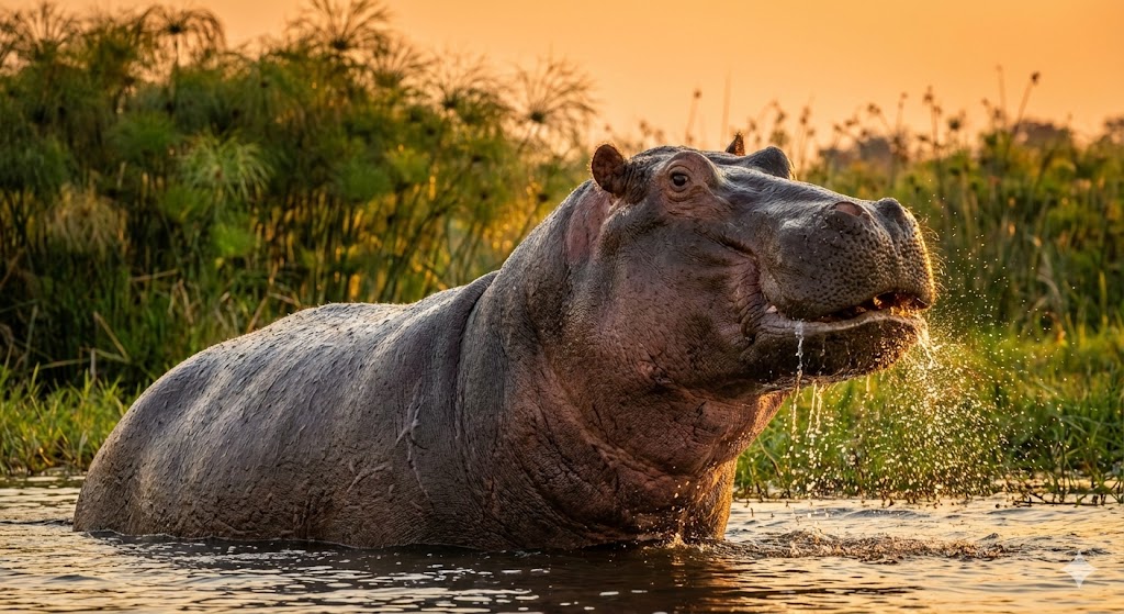 Бегемот выныривает из воды в лучах закатного солнца