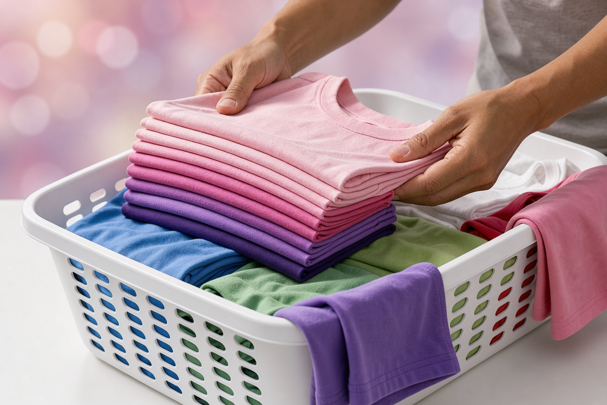 Close-up of hands sorting soft cotton clothes by color over a laundry basket, visible fabric textures but no specific brand or product