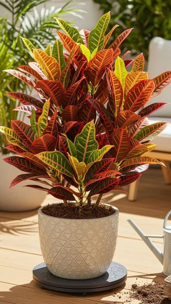 Potted plant on wooden shelf