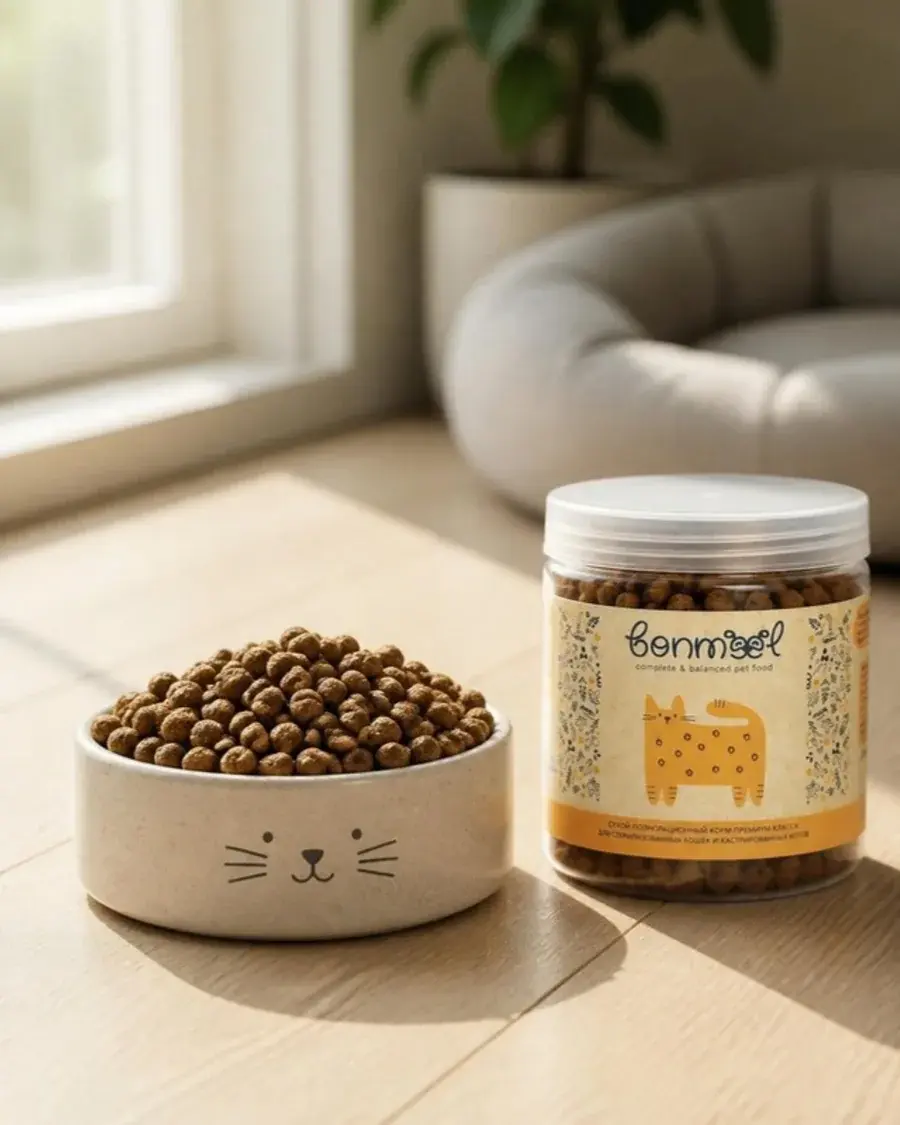 Миска с кормом Bonmeel для кошек и пробник у окна