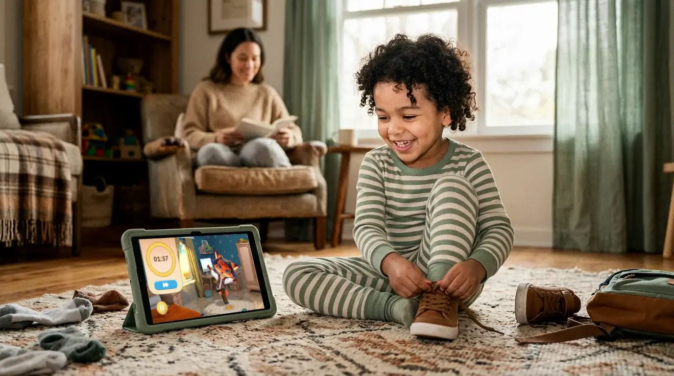 Preschooler completing morning routine with immediate reward feedback — ADHD support at home
