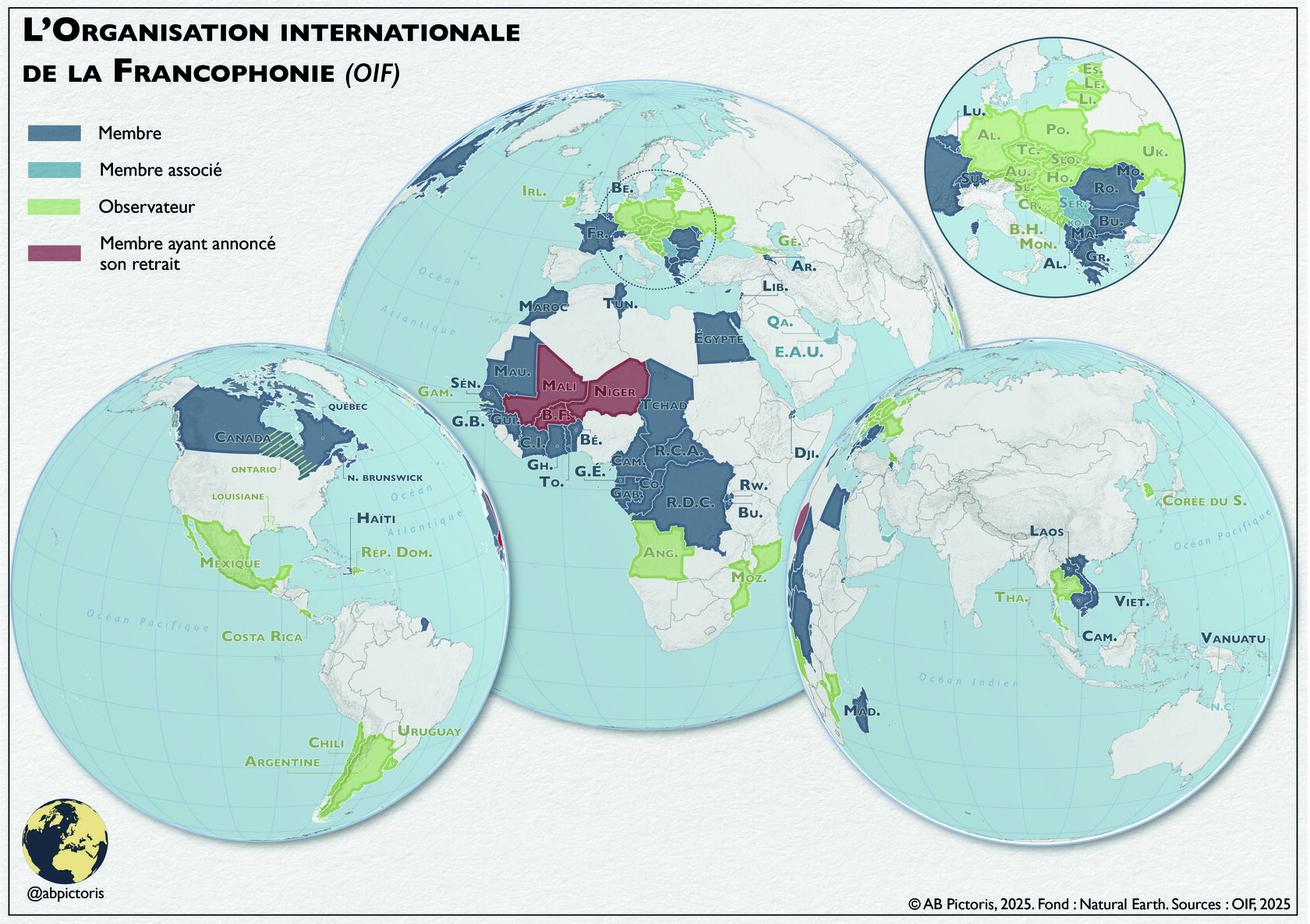 Carte de l&#39;organisation internationale de la francophonie en 2025, avec ses membres, ses membres associés, ses observateurs et les pays retirés