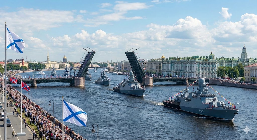 Проход боевых кораблей ВМФ России по Неве во время Главного военно-морского парада в Санкт-Петербурге. Вид на разведенный Дворцовый мост и Эрмитаж.