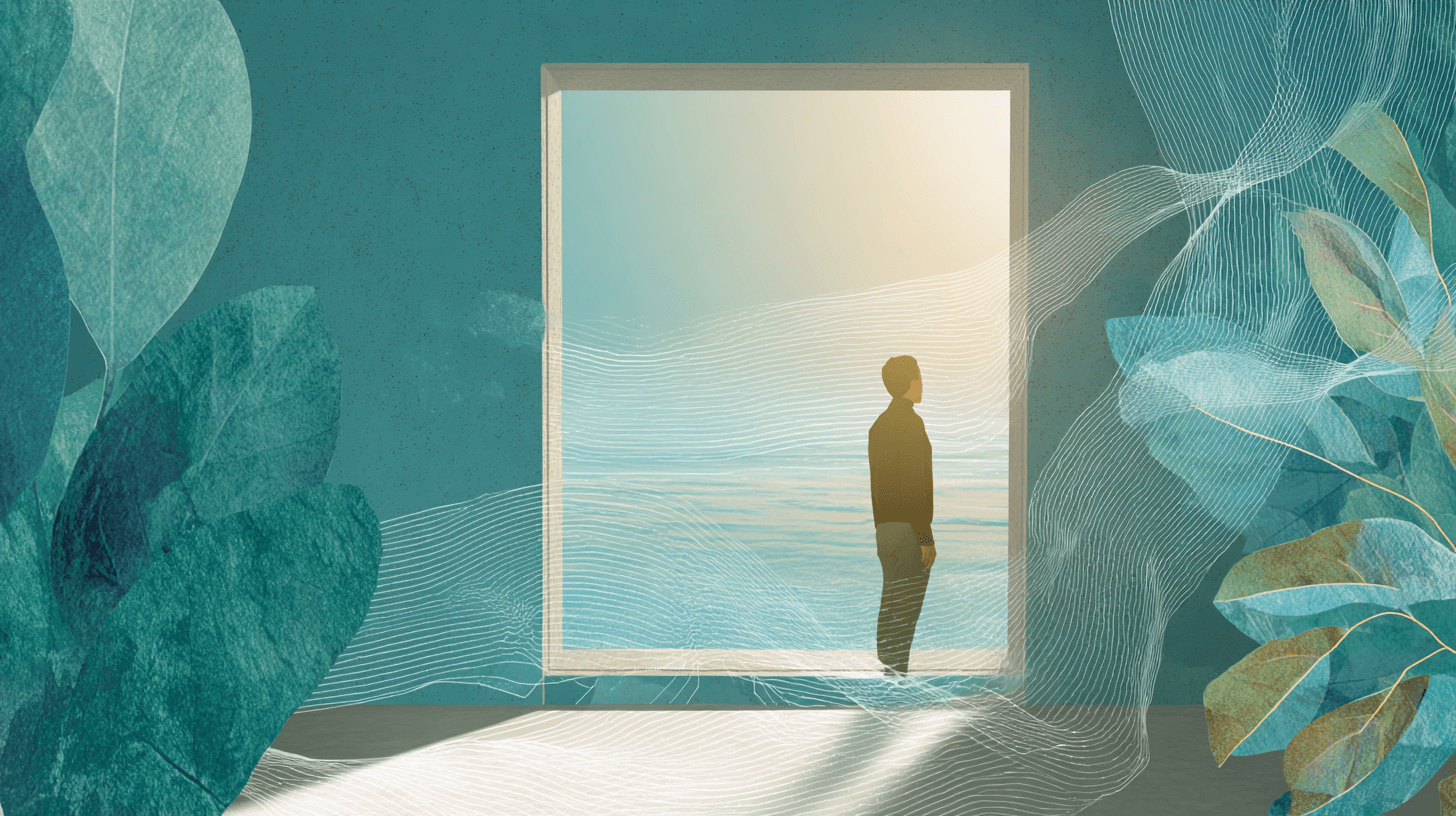Illustration: Fenster mit Blick auf ruhige Landschaft – symbolisch für das Window of Tolerance im traumasensiblen Coaching
