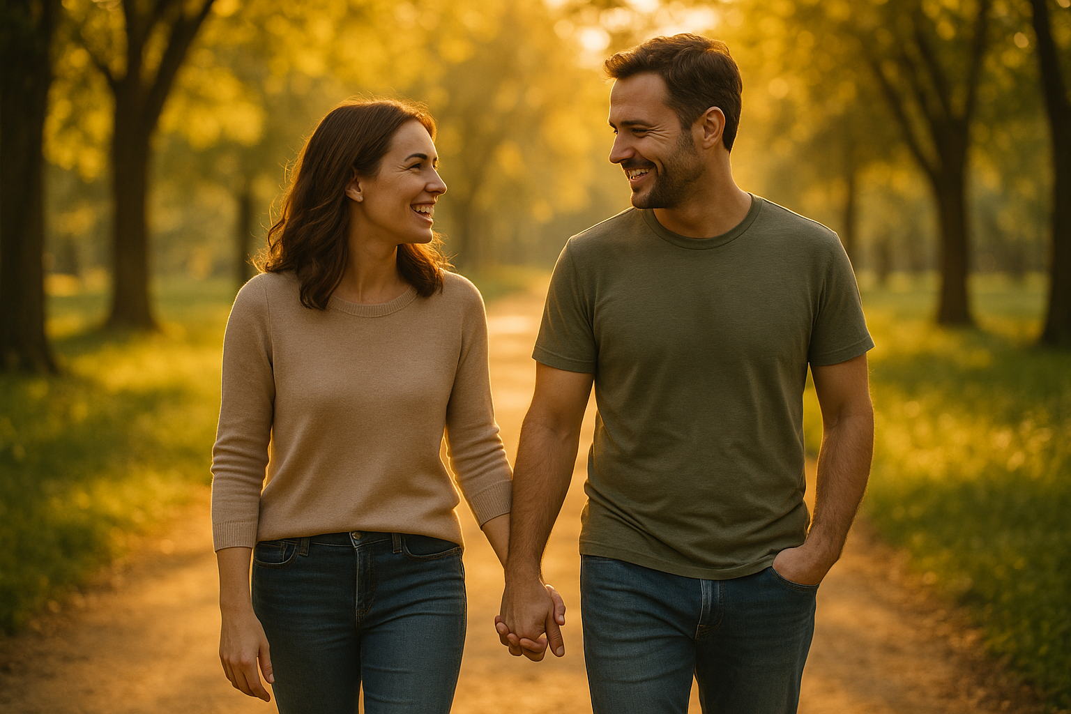 Счастливая пара идёт рука об руку — символ гармонии, близости и сохранения брака после преодоления кризиса