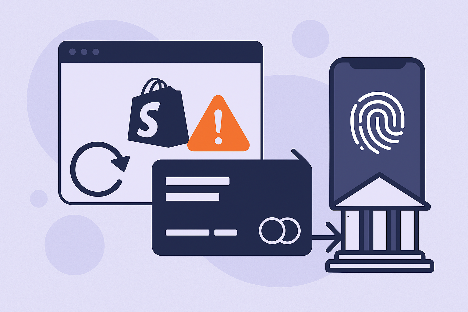 Illustration showing Shopify chargeback prevention with a browser window, warning icon, credit card, smartphone with fingerprint authentication, and a bank building—symbolizing secure, real-time Pay by Bank checkout.
