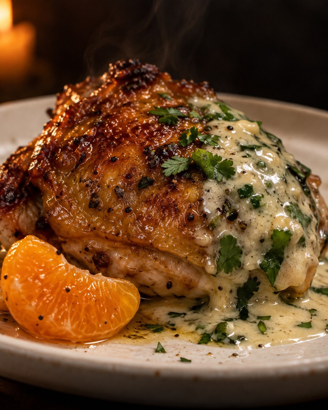 Close-up of roast chicken with crisp golden skin in garlic cream sauce, chopped cilantro and parsley, a mandarin segment beside it