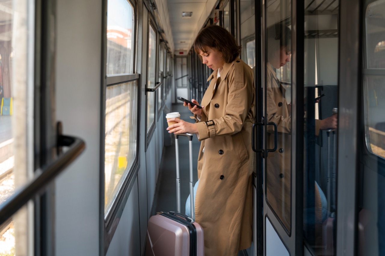 Девушка ч чемоданом стоит в купе поезда с телефоном в руках