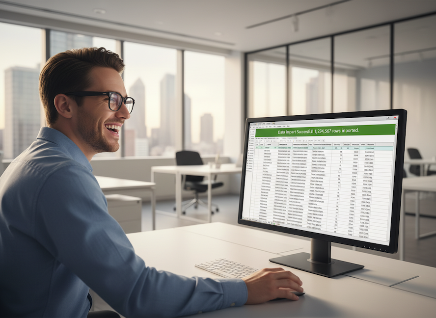 happy man in office settings at computer using excel