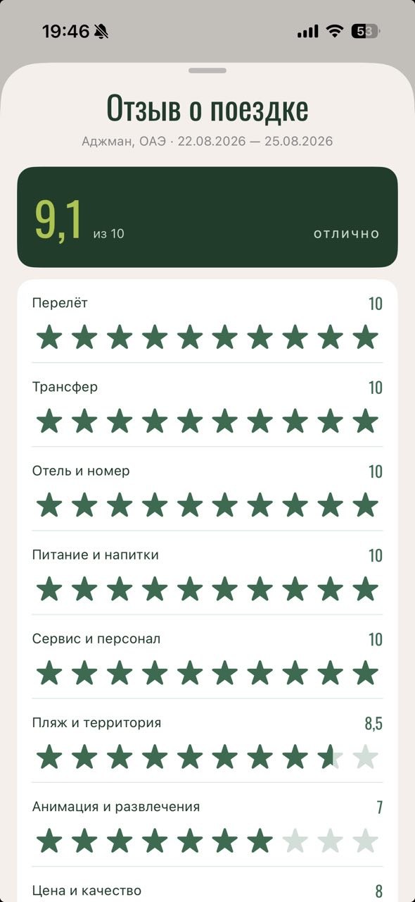 Экран отзыва о поездке: оценка по девяти критериям
