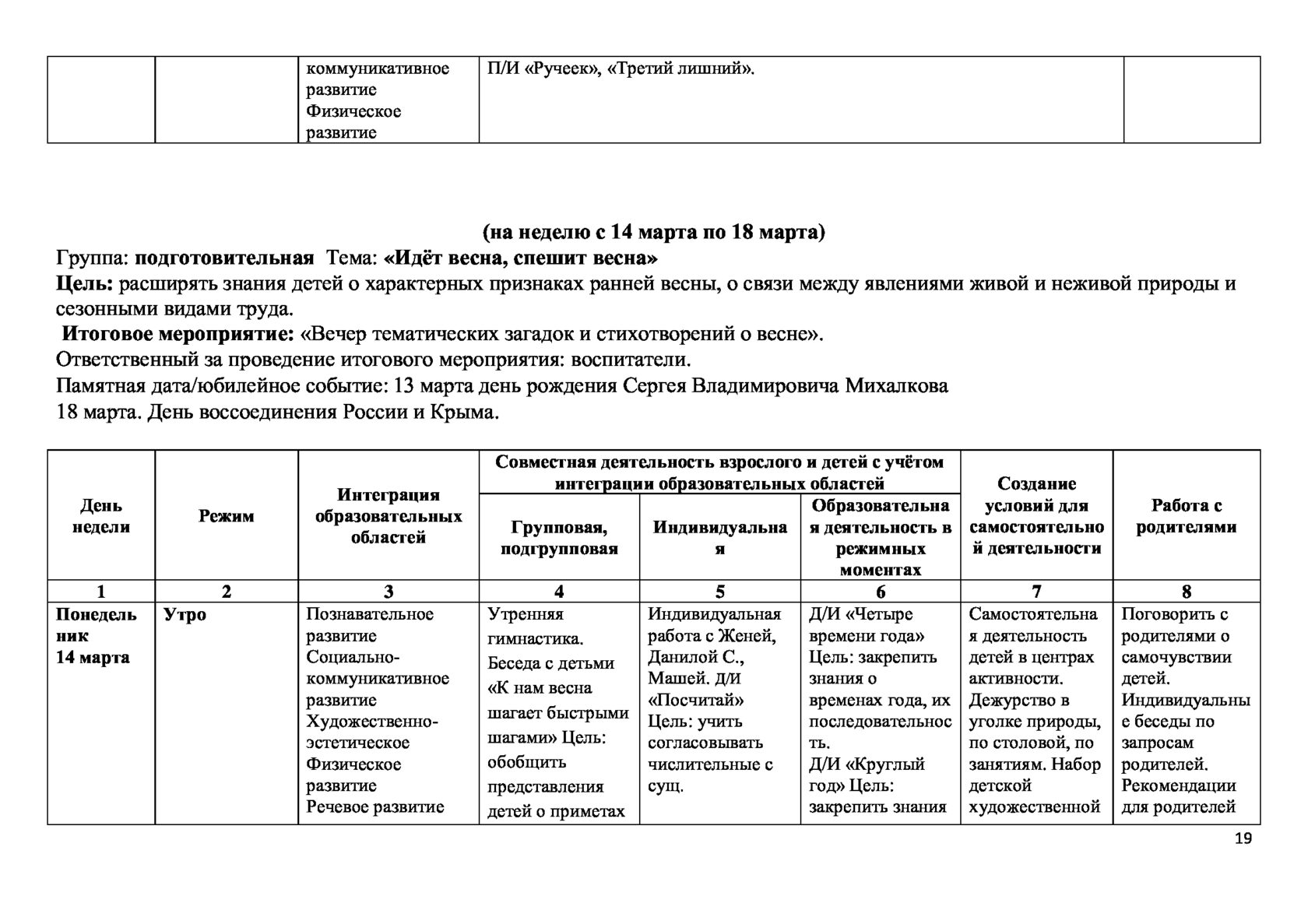 Календарный план осень старшая группа