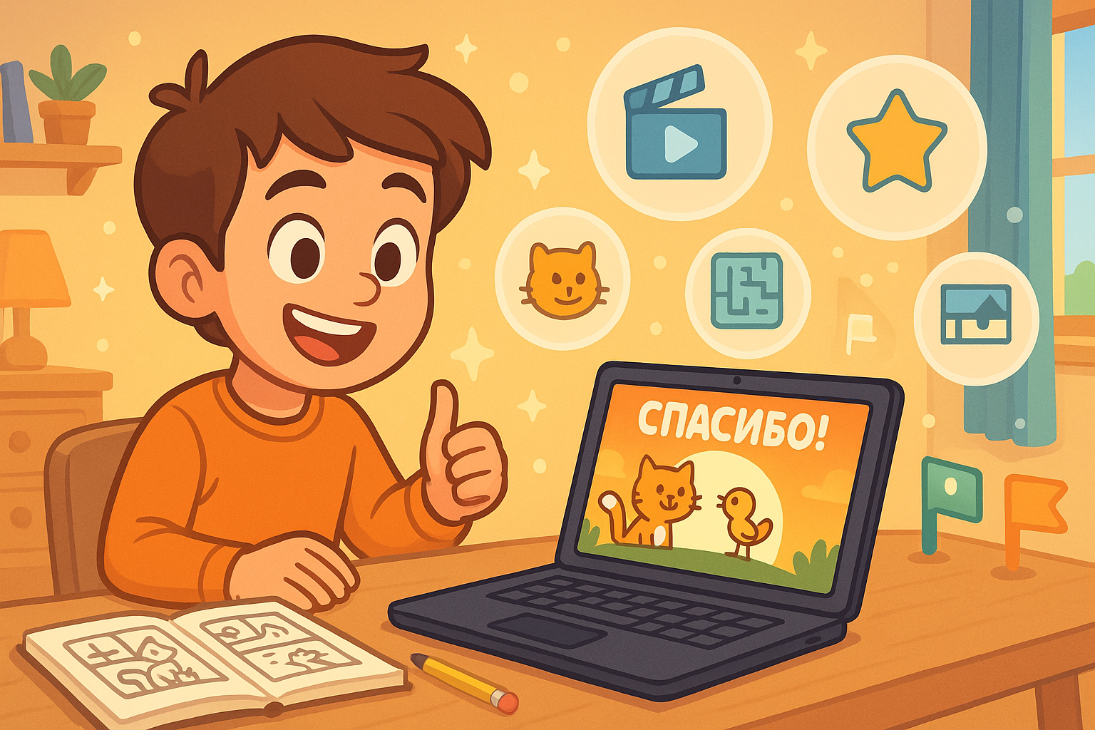 Довольный ребенок показывает свою игру за ноутбуком. На экране: финальная сцена игры в Scratch - кот Барсик и птичка Рики на фоне заката с надписью &amp;amp;amp;amp;#39;Спасибо!&amp;amp;amp;amp;#39;. Рядом открытый блокнот с набросками сюжета. На заднем п