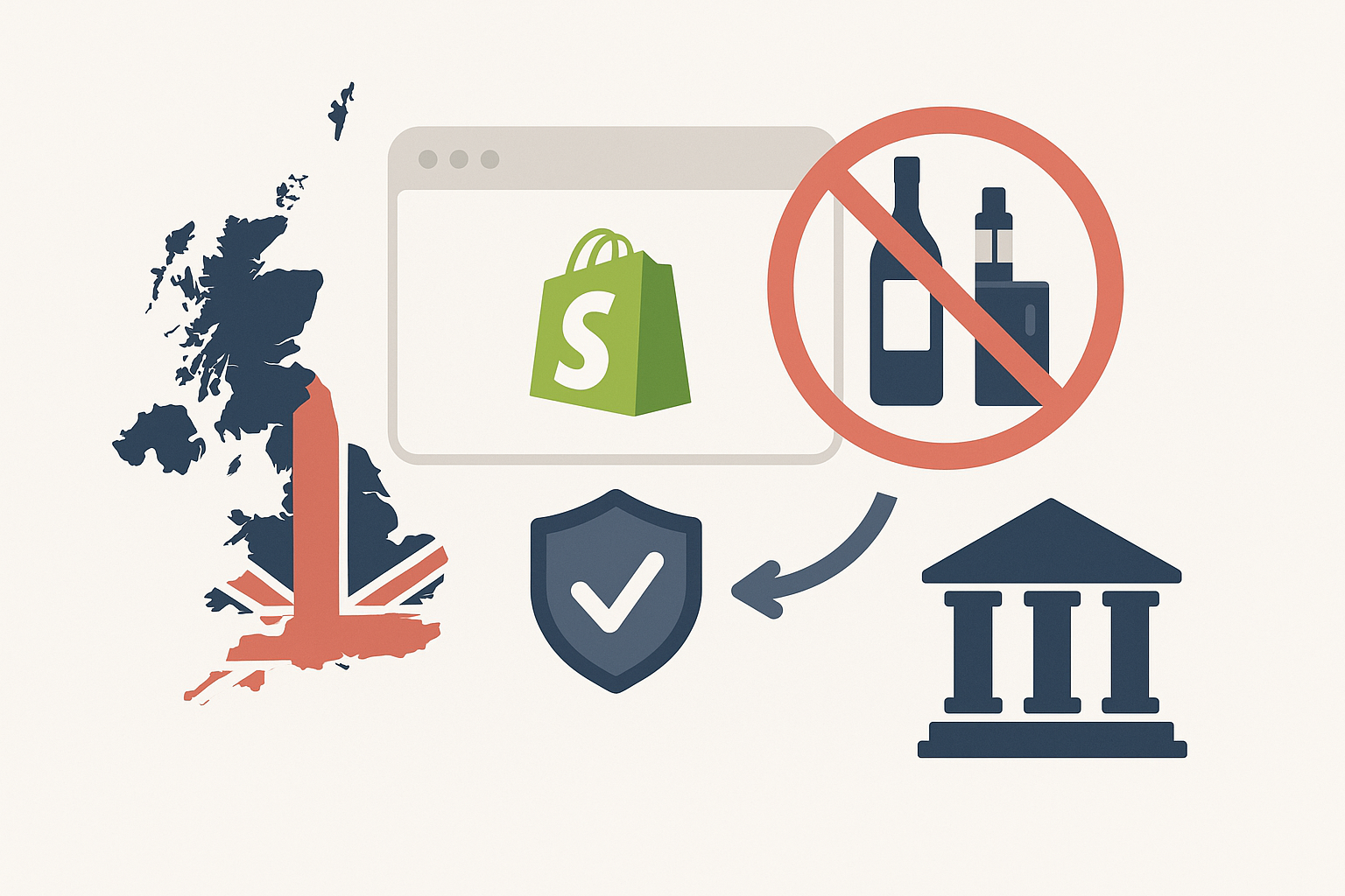 Illustration showing UK age-restricted product compliance on Shopify, with symbols for alcohol and vape restriction, Shopify checkout, bank identity verification, and the UK map.