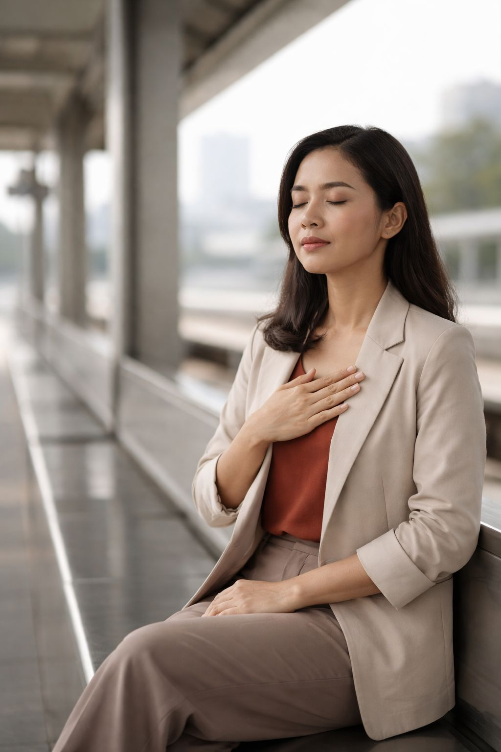 Perempuan duduk tenang dengan postur rileks sebagai ilustrasi bahasa tubuh yang mendukung rasa percaya diri