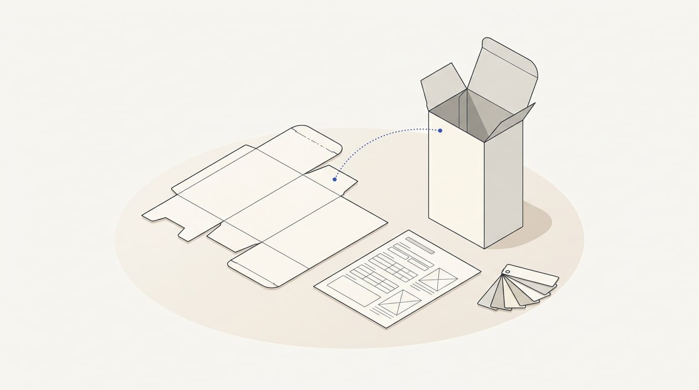 A folded box beside its die-cut template, material sample and production-specification sheet.