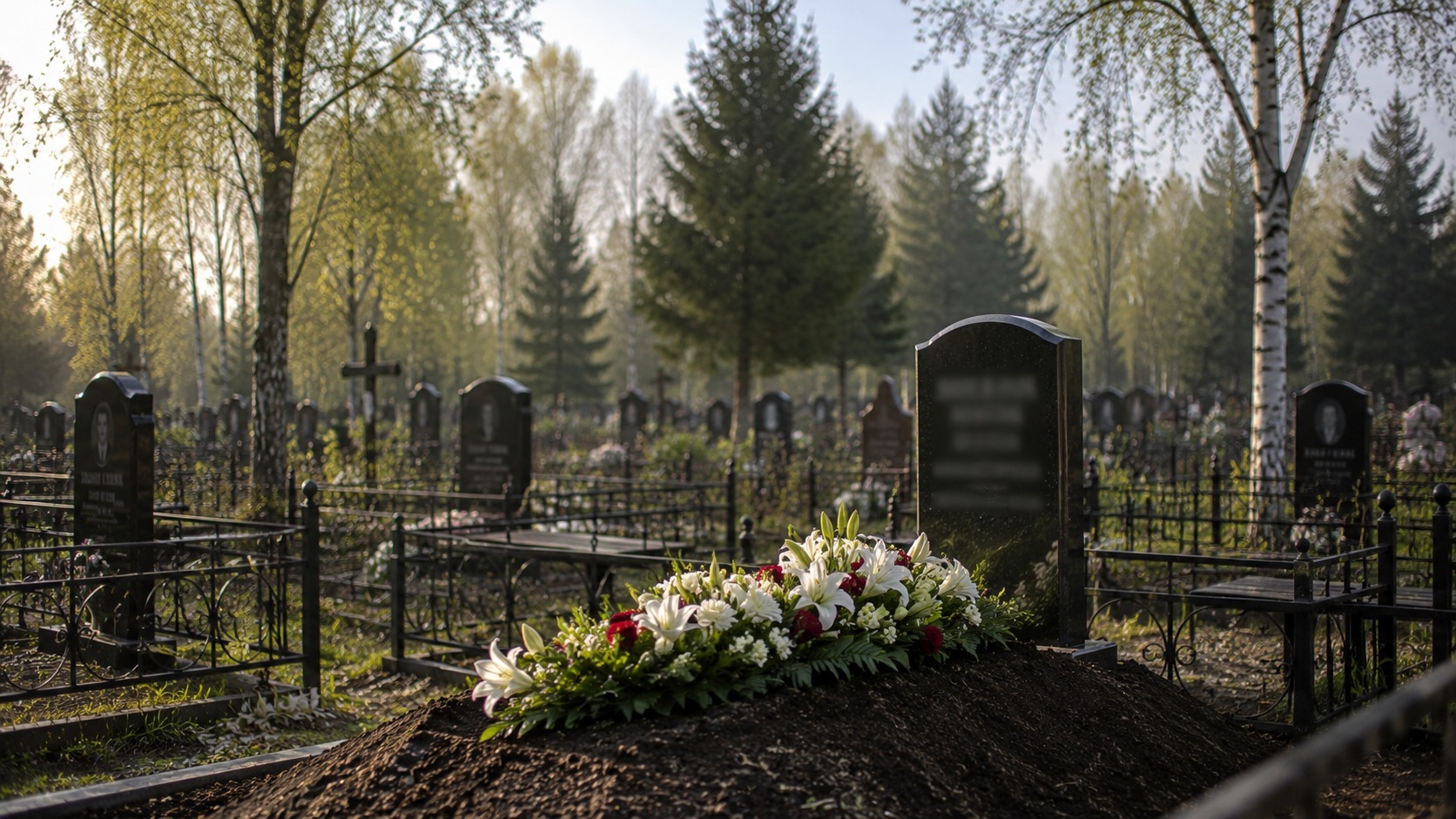 Весеннее кладбище, могильный холм с живыми цветами и молодая листва на деревьях