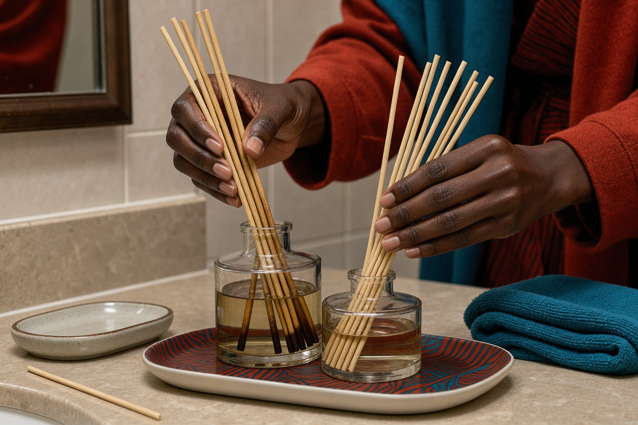 hands flipping reed sticks in a diffuser bottle and replacing sticks, close-up on hands and bottle, no branded products