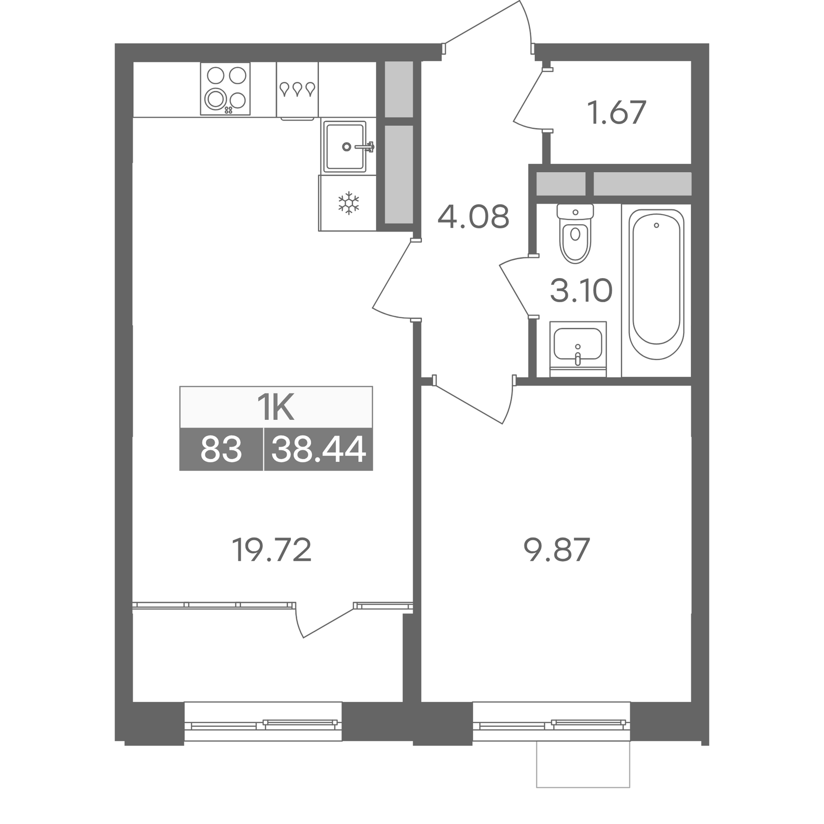 Планировка однокомнатной квартиры 38.44 м² в доме 1 ЖК Новая Жизнь