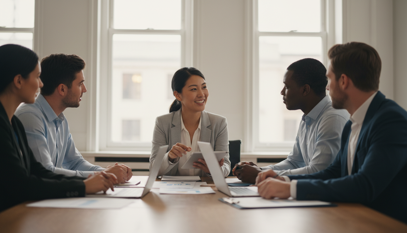 Profesionales inmersos en una animada discusión sobre estrategias de comercio unificado.