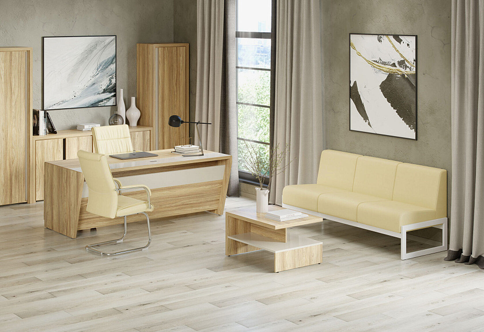 Светлый кабинет руководителя. Желтый диван и кофейный столик. Просторный и современный кабинет.