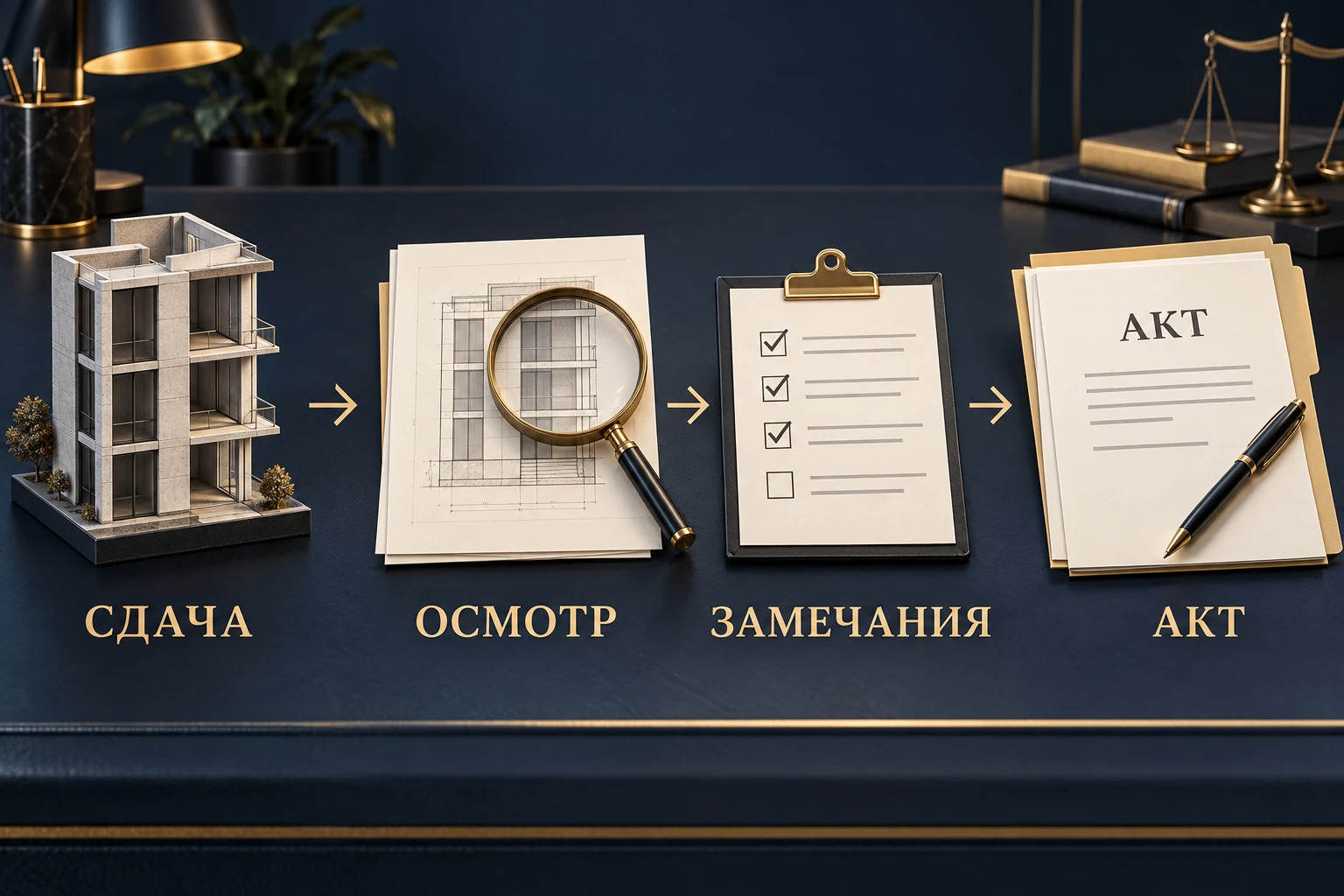 Концептуальная последовательность приёмки: сдача результата, осмотр, замечания и акт