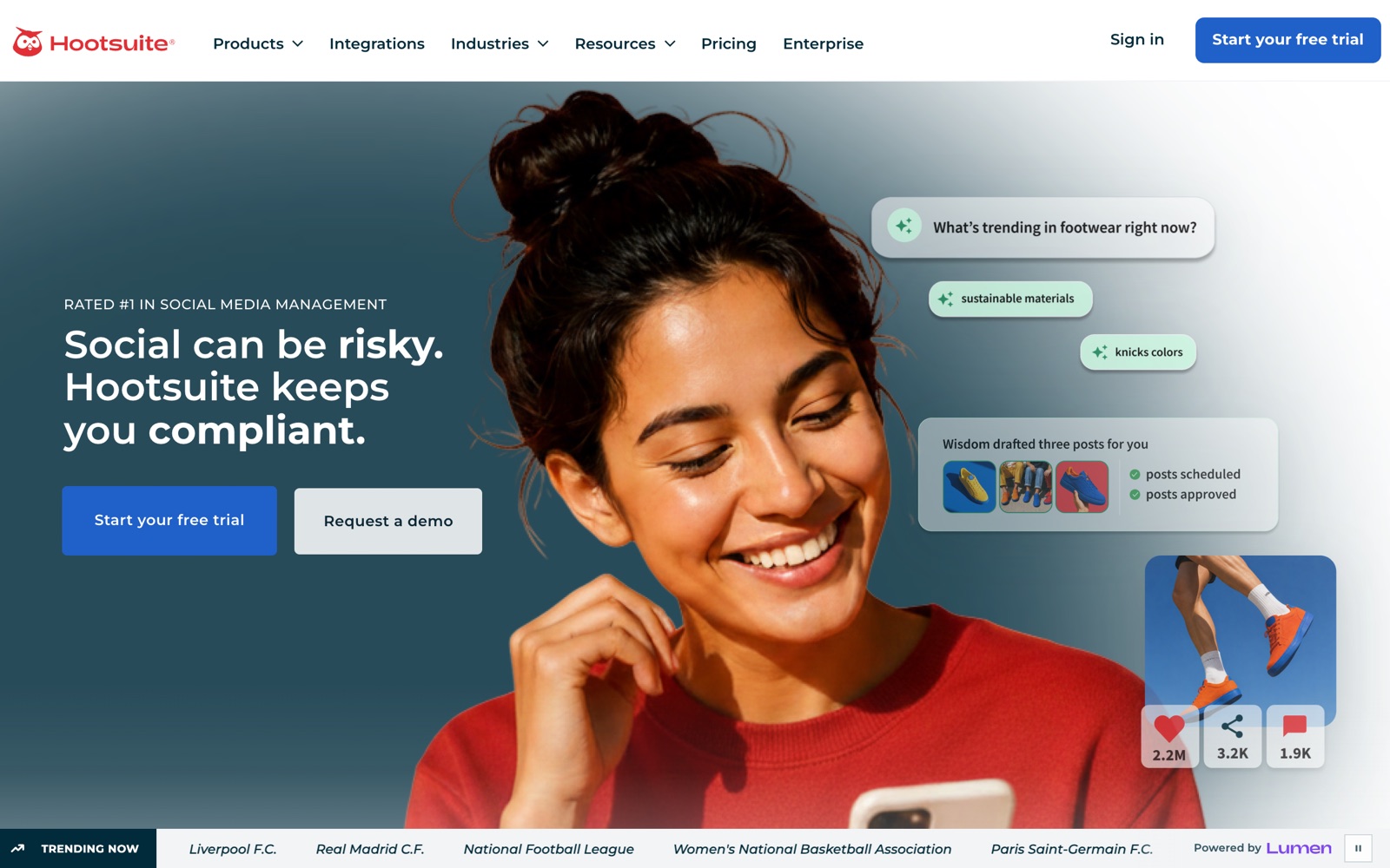 Hootsuite homepage screenshot: social media management and listening platform