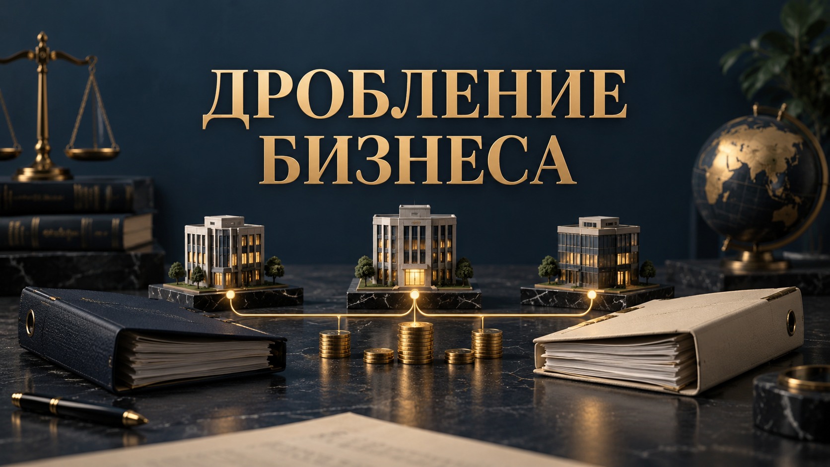 Концептуальная обложка: несколько деловых зданий связаны общим финансовым потоком