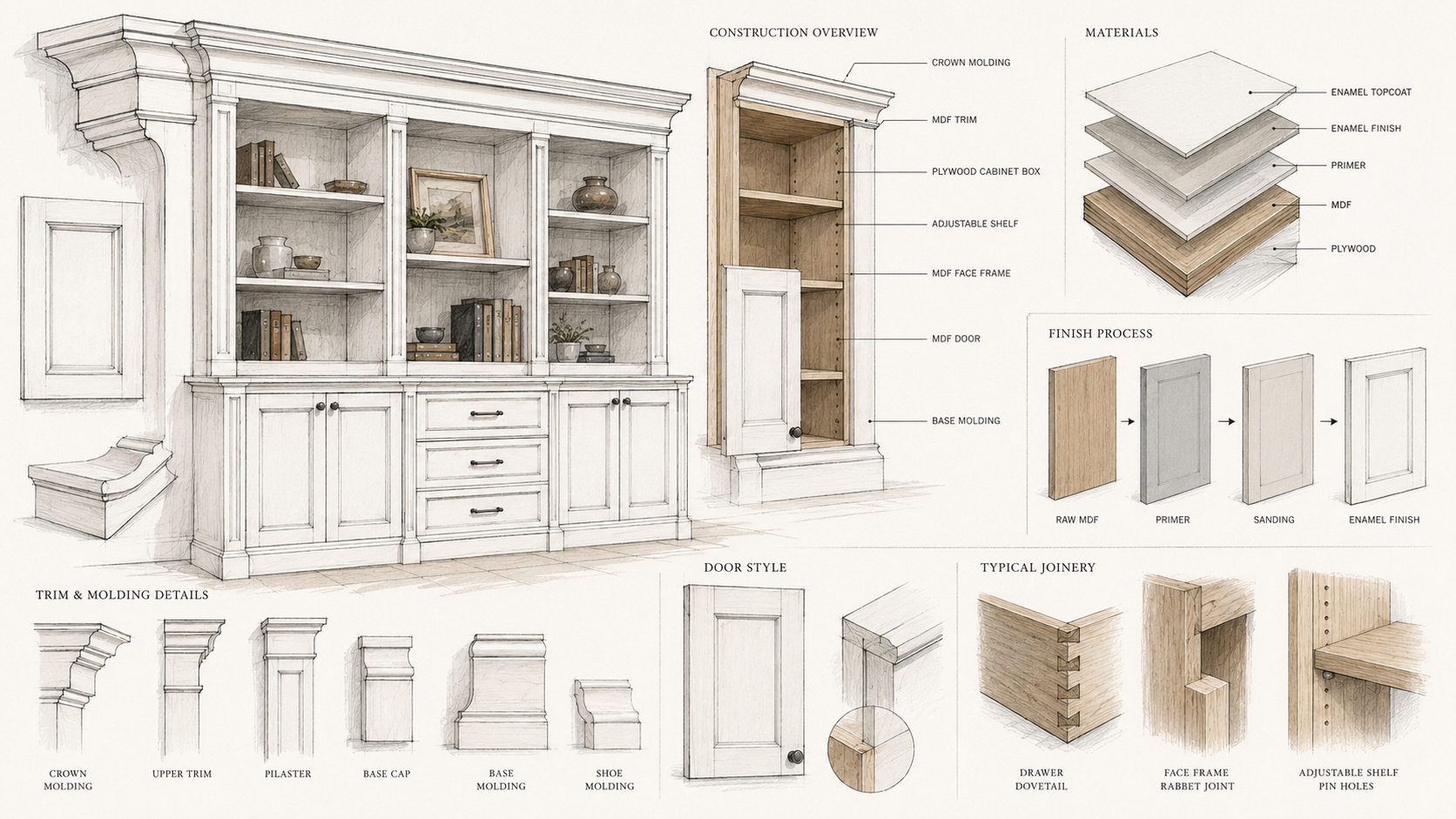 Technical sketch of painted plywood and MDF built-in cabinetry with crown molding, framed doors, enamel finish, and construction details