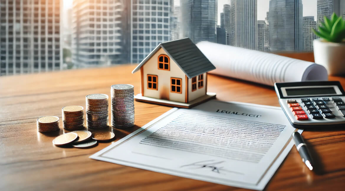 A legal document, a house model, and a stack of coins symbolizing real estate investment