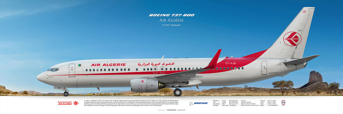 Плакат, самолёт Boeing 737-800 на фоне алжирского пейзажа