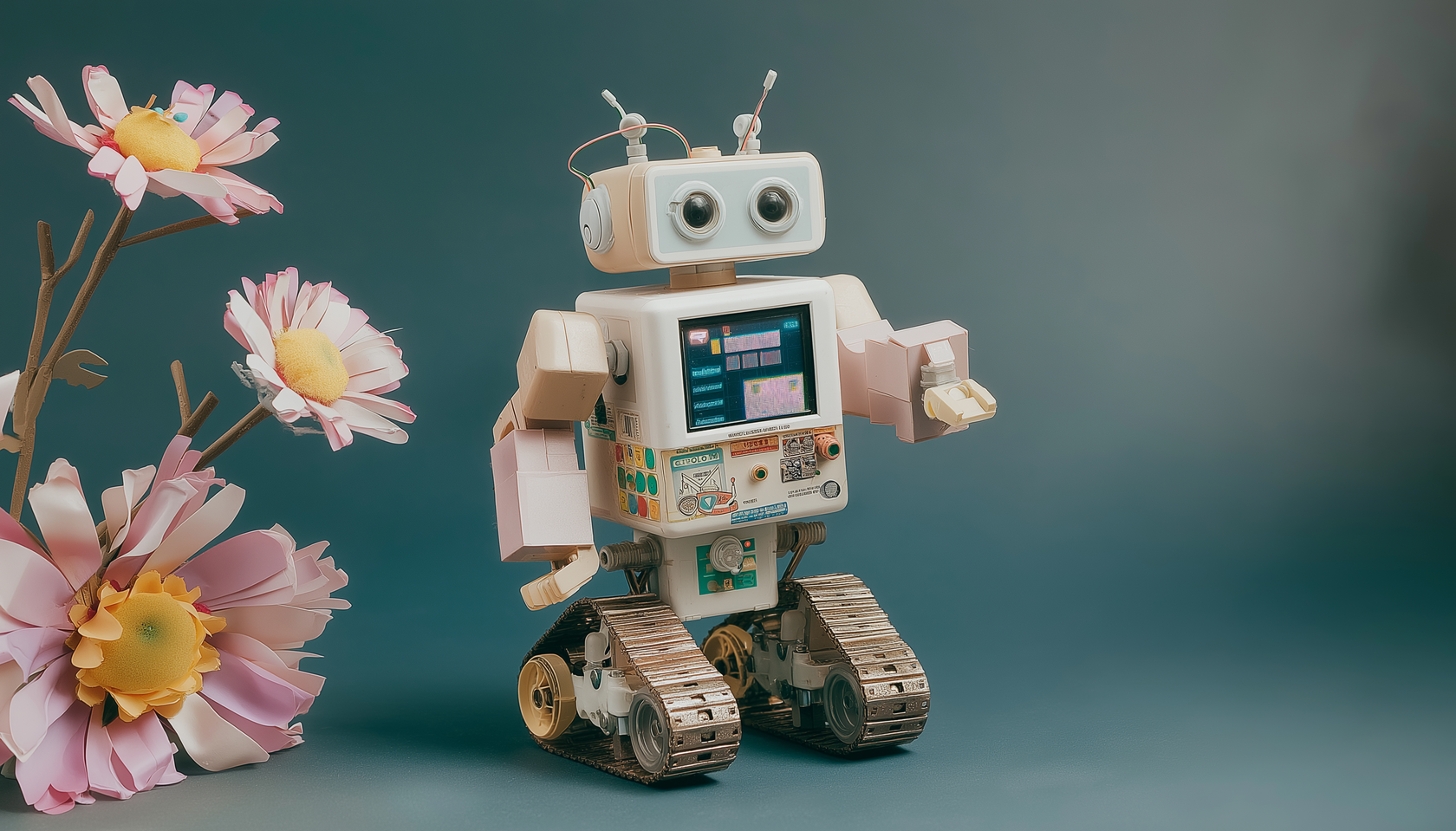 Niño frente a la computadora, imaginando y creando. A su alrededor flotan personajes de videojuegos y fragmentos de código que representan su mundo de ideas.