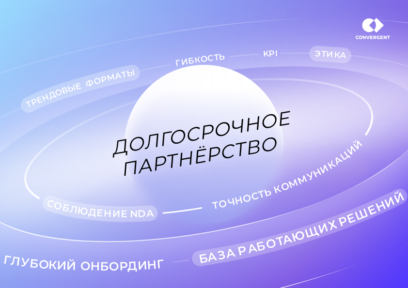 Планета и её орбита. Заголовок: Долгосрочное партнёрство. По орбите вращаются тэги