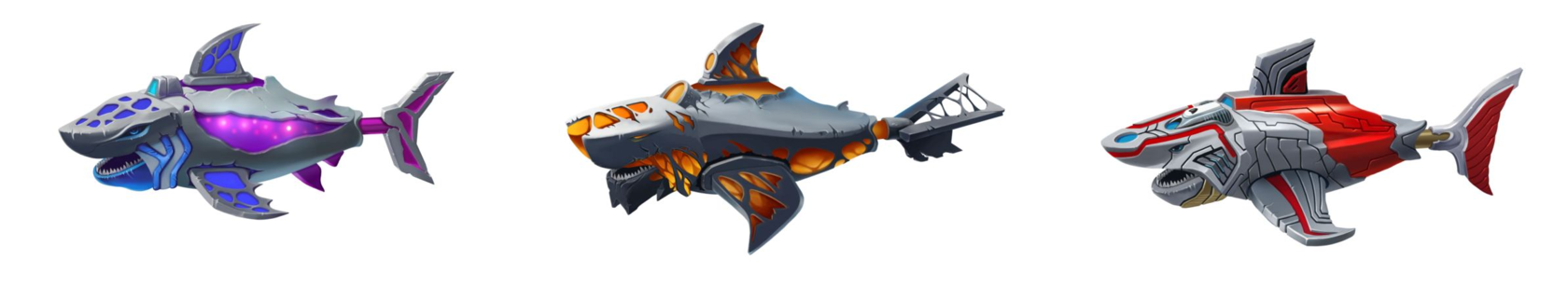 Core Shark, Rocket Shark and Titan Shark from Shark Battle game by Sharkrace