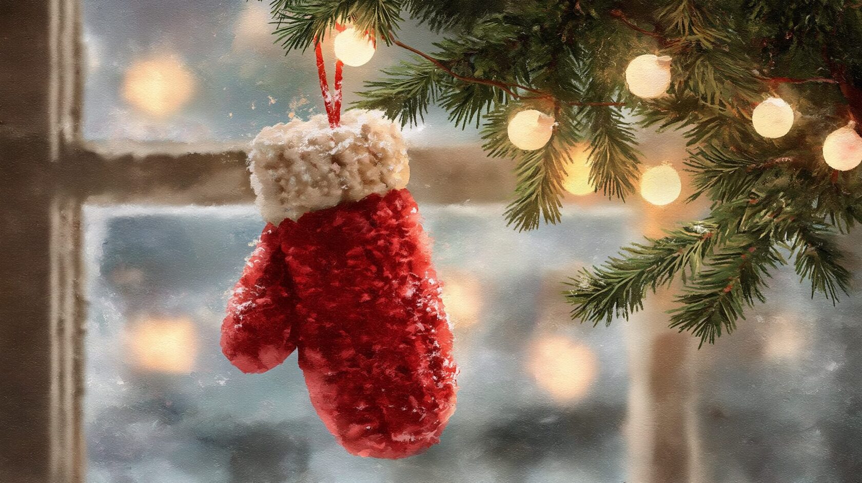 Акварельный рисунок: пушистая варежка висит на новогодней елке, рядом детский подарок. Иллюстрация к детской песне