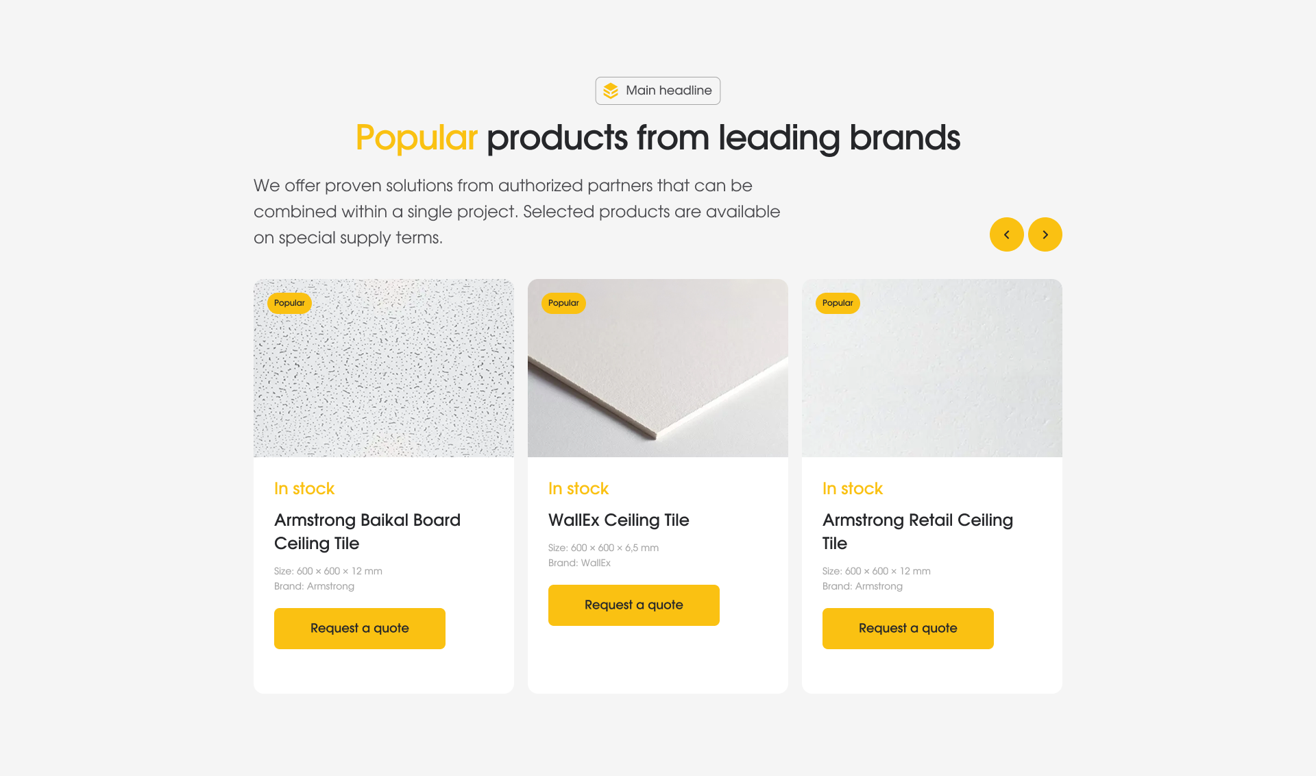StroyTrust product catalogue showing ceiling tile products with sizes, brands and request-a-quote buttons