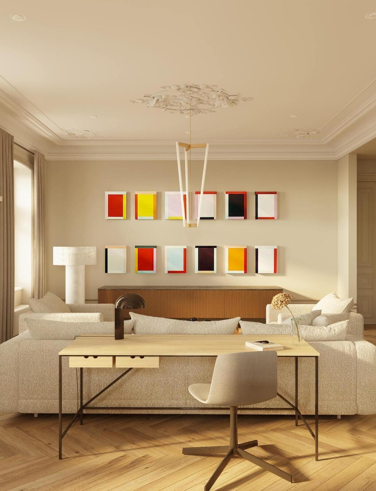 Рабочий стол Karakter, торшер Ligne Roset в гостиной интерьера дизайнера Екатерины Фёдоровой