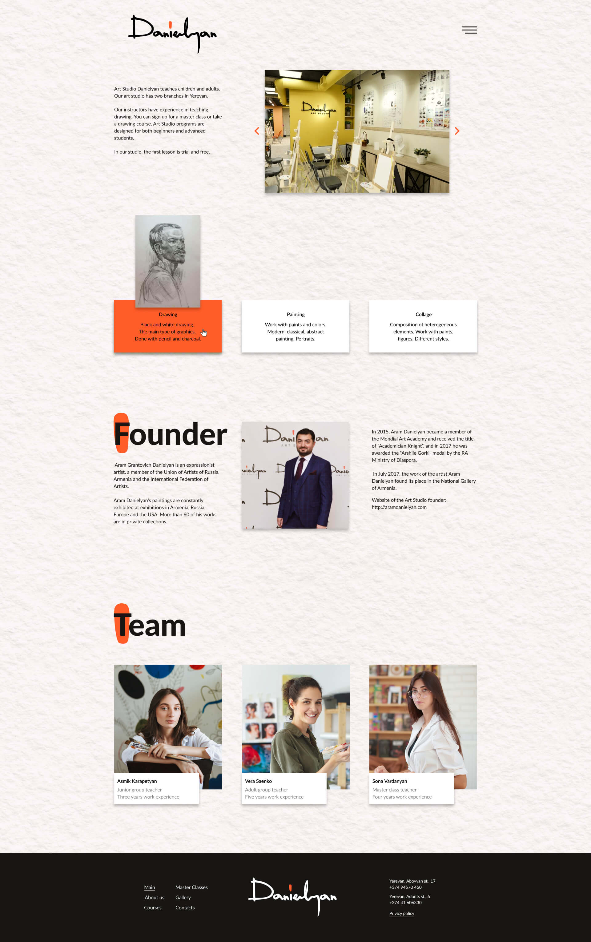 Мокап дизайна сайта арт студии Даниелян в Ереване. Разработка сайта в Тильда и Фигма. Десктопная версия.