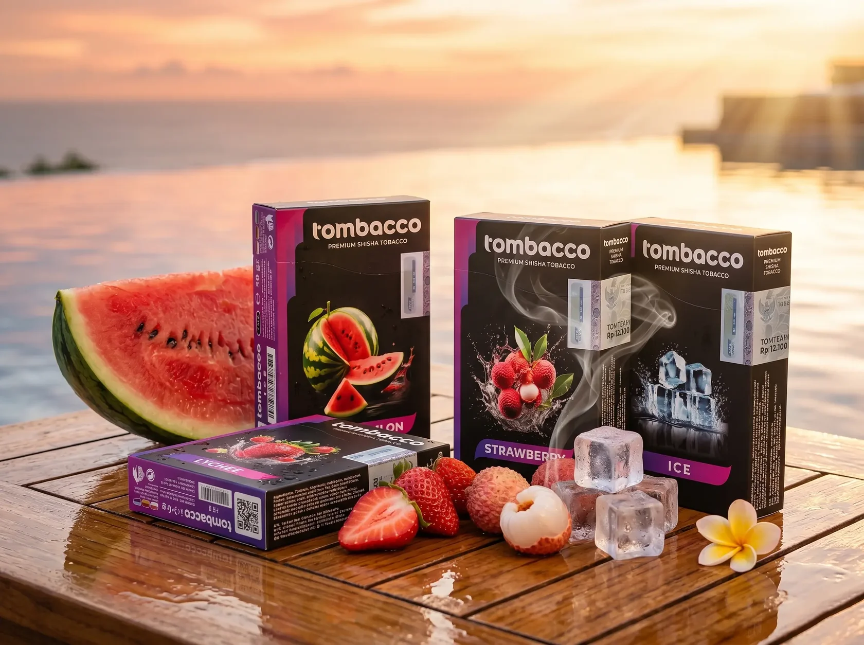 Tombacco's refreshing Bali Sunset Bliss fruit mix set up against a beautiful sunset, an ideal choice for a tropical shisha delivery in Bali.