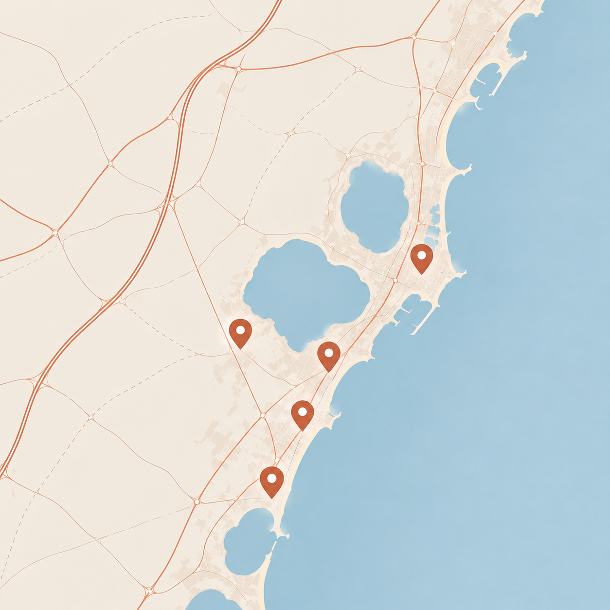 Mapa de la Costa Blanca sur con la zona de trabajo de BL³ Interior Design